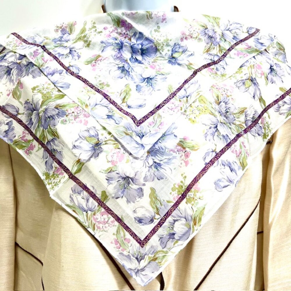 New  Lancel Mini Scarf/Handkerchief 18" cotton, pink purple Floral, logo (92) - Picture 2 of 3